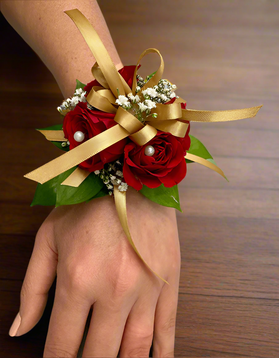 Red and Gold Pearl Wrist Corsage - Impala Online