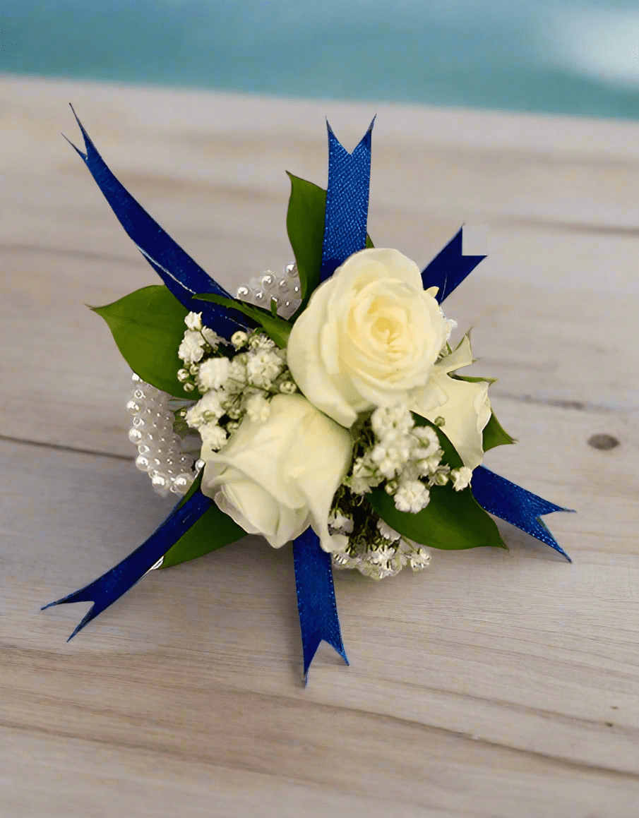 White Rose with Navy Blue Ribbon Wrist Corsage - Impala Online
