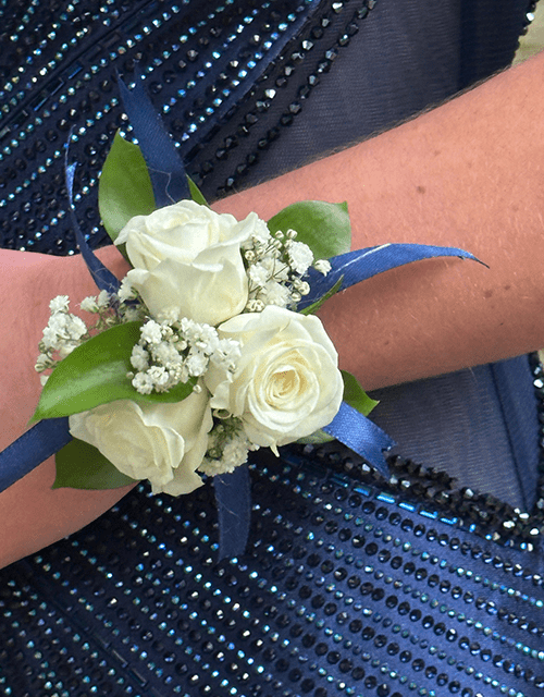 White Rose with Navy Blue Ribbon Wrist Corsage - Impala Online