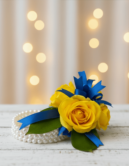 Yellow Rose with Blue Ribbon Wrist Corsage - Impala Online