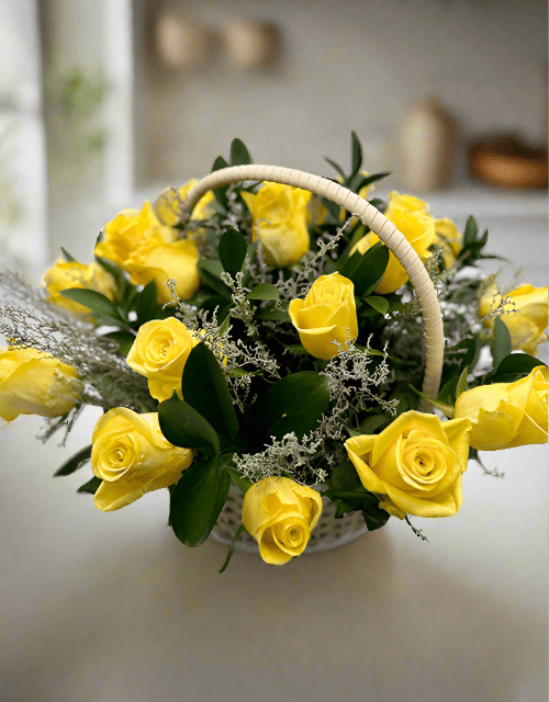 Yellow Sunshine Rose Basket Arrangement - Large - Impala Online
