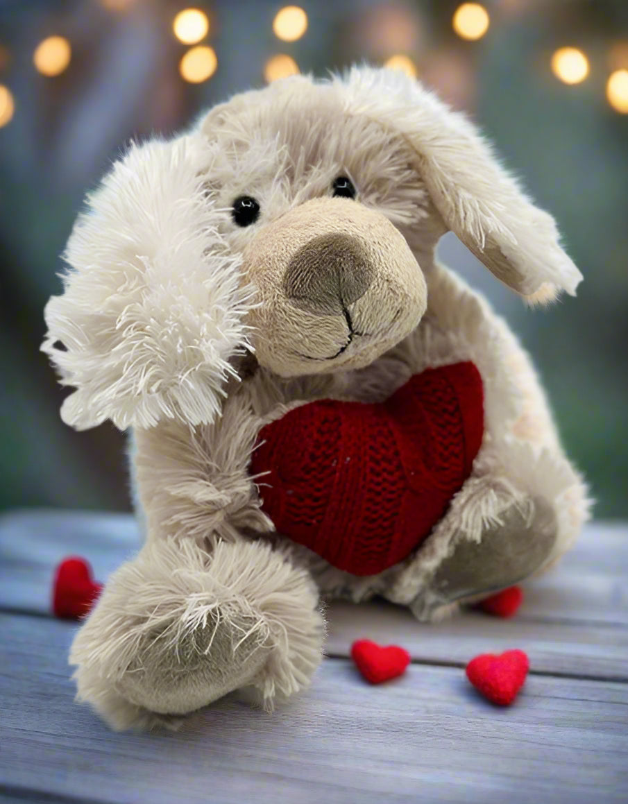 Love Puppy holding a red crochet heart (small) - Impala Online