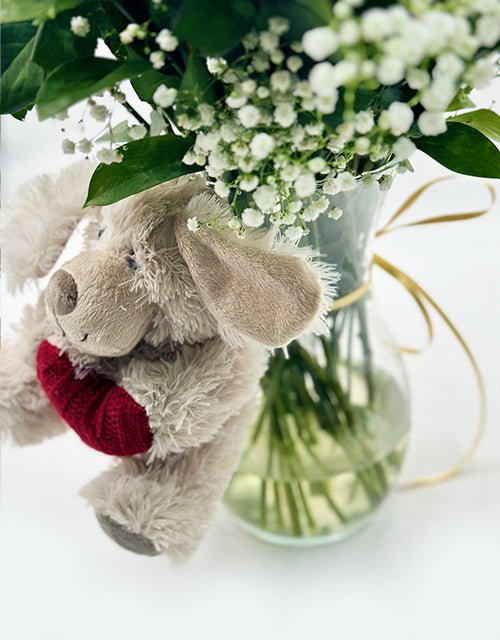Red Roses in Vase (Medium) - with cute teddy - Impala Online