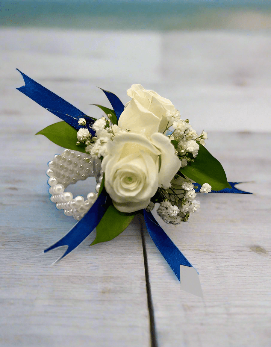 White Rose with Navy Blue Ribbon Wrist Corsage - Impala Online