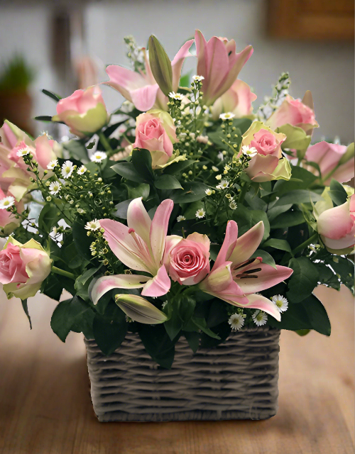 Beautiful Pink Rose and Lily Basket - Impala Online