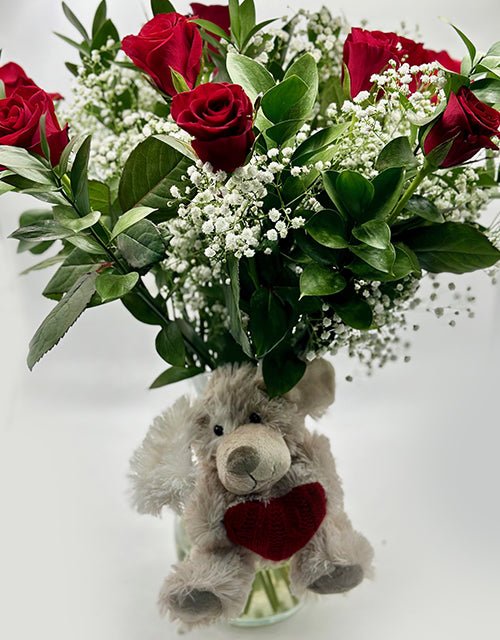 Red Roses in Vase (Medium) - with cute teddy - Impala Online