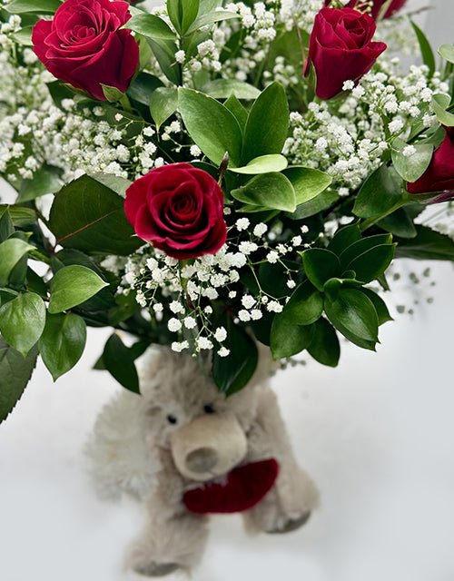 Red Roses in Vase (Medium) - with cute teddy - Impala Online