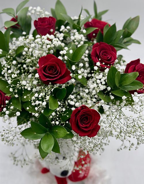 Red Roses in Vase (small) - with soft teddy - Impala Online