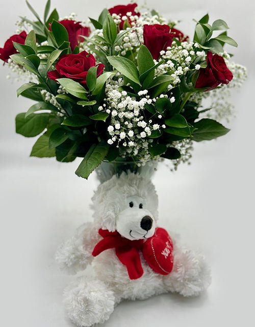 Red Roses in Vase (small) - with soft teddy - Impala Online