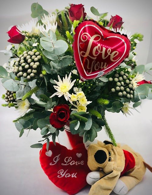 Romantic Arrangement with Puppy Love soft toy (large) - Impala Online